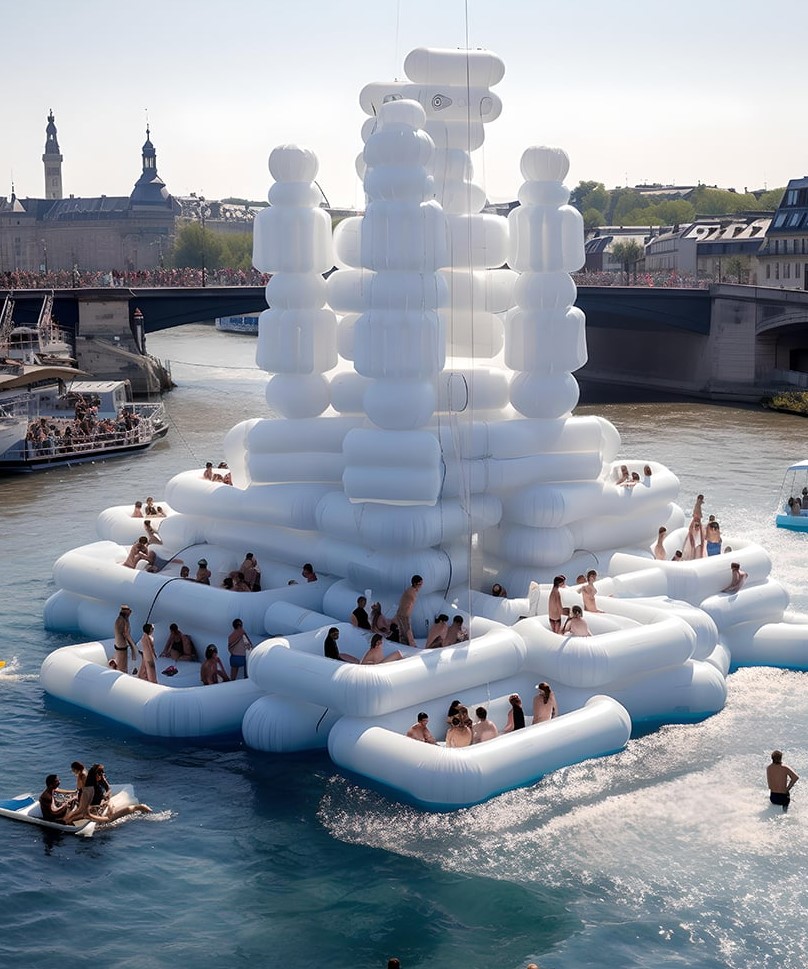 floating fantasies inflates bustling social spaces amid the river seine using midjourney - 12026