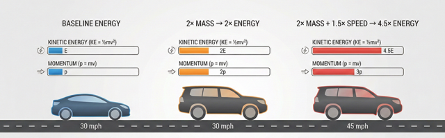 گوگل Gemini یک اینفوگرافیک تولید کرده است دربارهٔ افزایش خطرات ایمنی ناشی از خودروهایی با جرم و سرعت بالاتر.