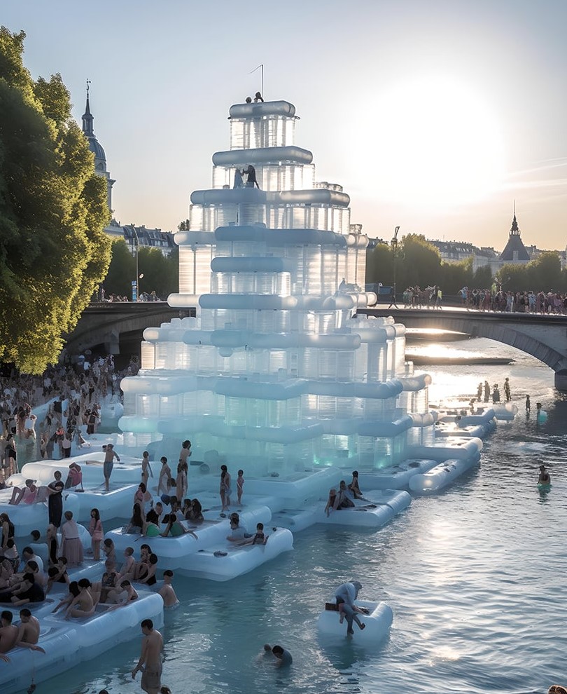 floating fantasies inflates bustling social spaces amid the river seine using midjourney - 12025